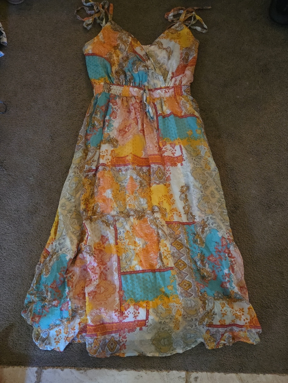 Lulu's Turquoise, Yellow & Orange Patchwork Maxi Dress